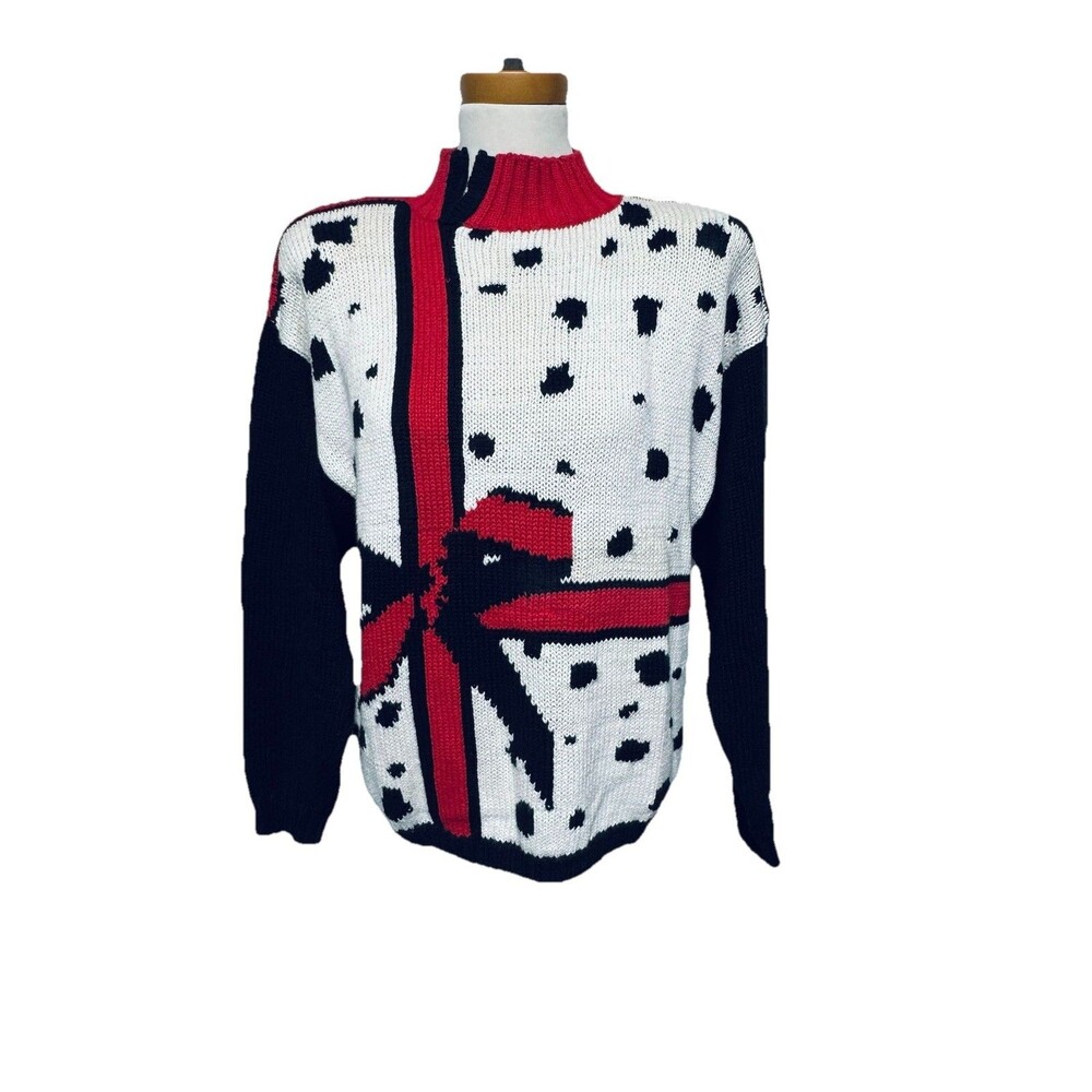 Vintage Lisa Nichols Christmas / Party Sweater Red White Black Big Bow Design XL